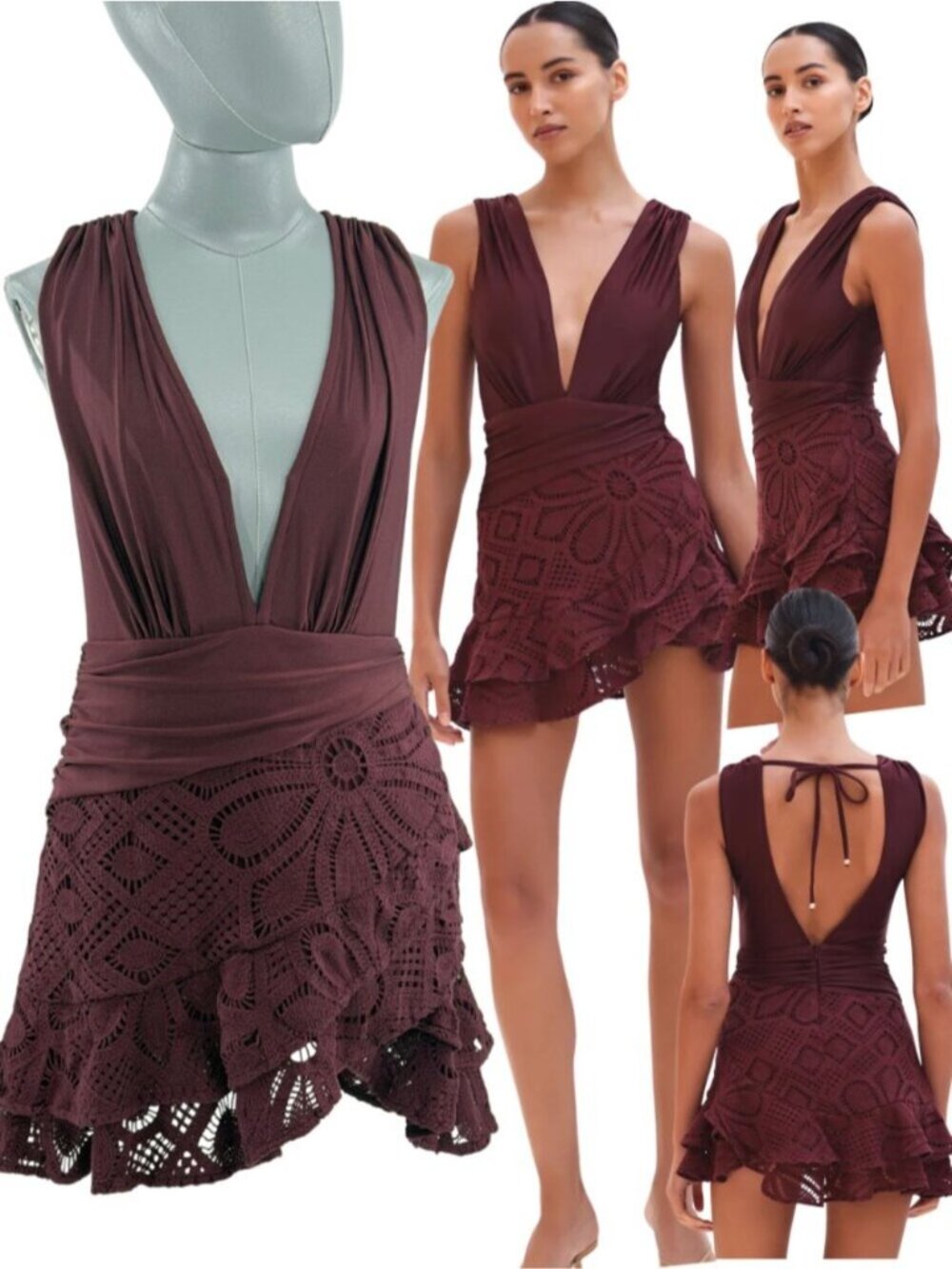 🆕 PATBO 🧿 NWOT Camilla Coelho Crochet Mini Dress, Dark Red - Sz L